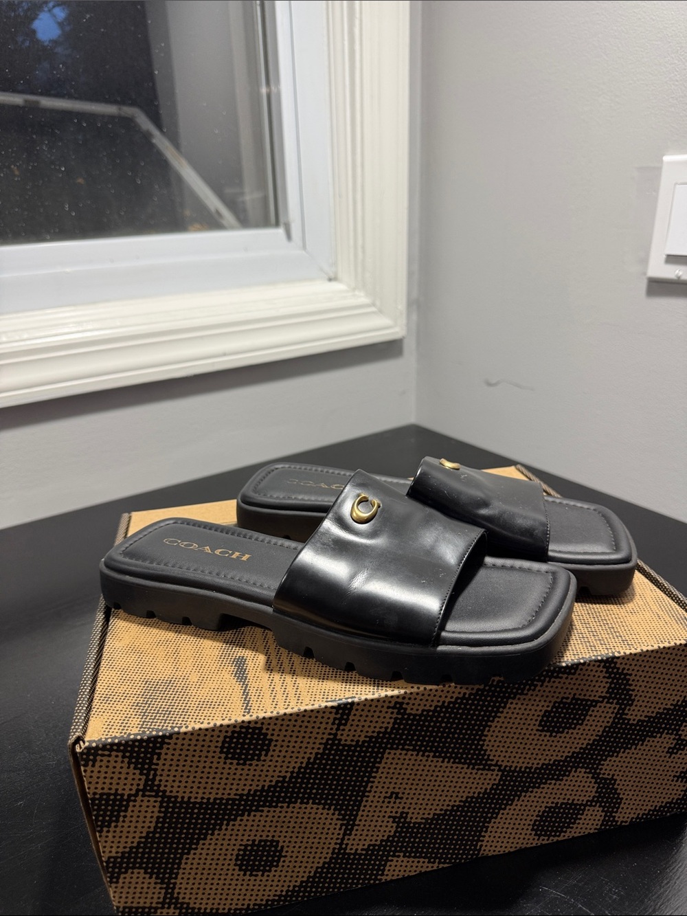 Coach Black Leather Slide Sandals with Gold Accent - Picture 5 of 5